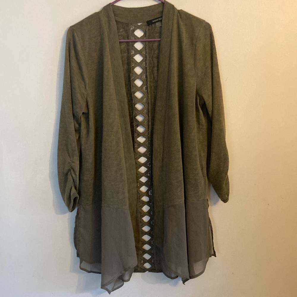 August Silk Lightweight Duster Cardigan Olive Color size large